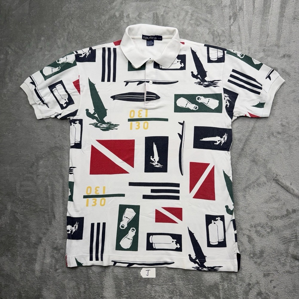 Nautica Cotton Polo Mens L Coastal Preppy East Coast Sailing Surfing Diving Y2K